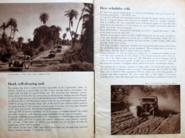 DKW 20 HP Modelprogram 1937 "With three DKW through India" Carbrochure (7726)
